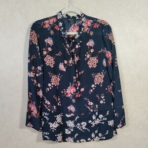 01578 Tolani navy, red & tan silk floral print silk L/S blouse M